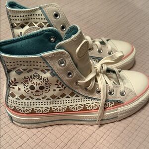 Converse Cream and Teal High-Tops with Lace Design